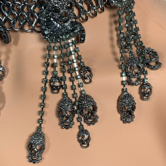 Natasha Gunmetal Pave Bib Statement Necklace Skulls Chainmail Choker Goth - Picture 8 of 17